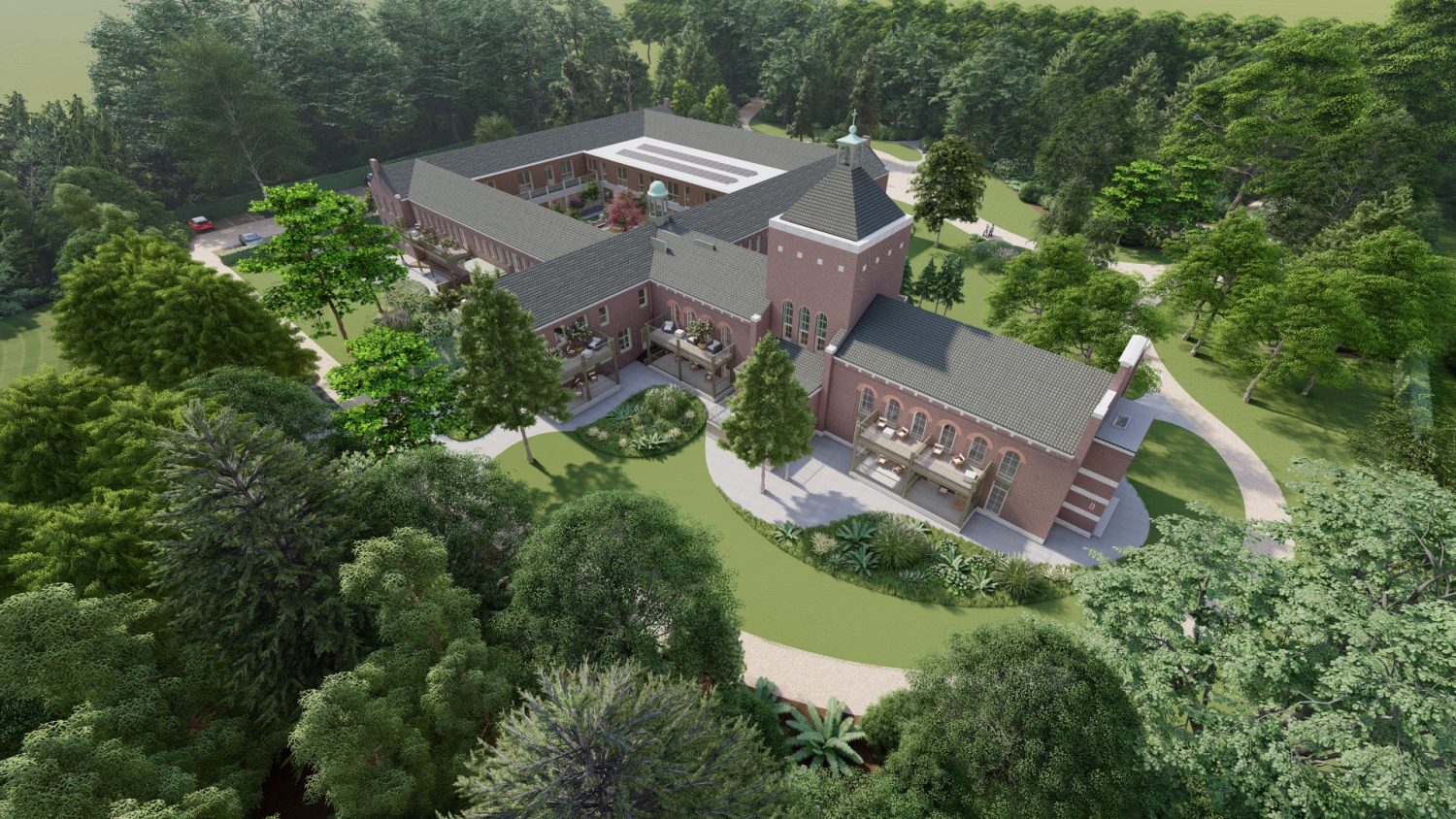 Bethanië Klooster in Horn vanuit de lucht, met binnentuin en nieuwe woonvleugels